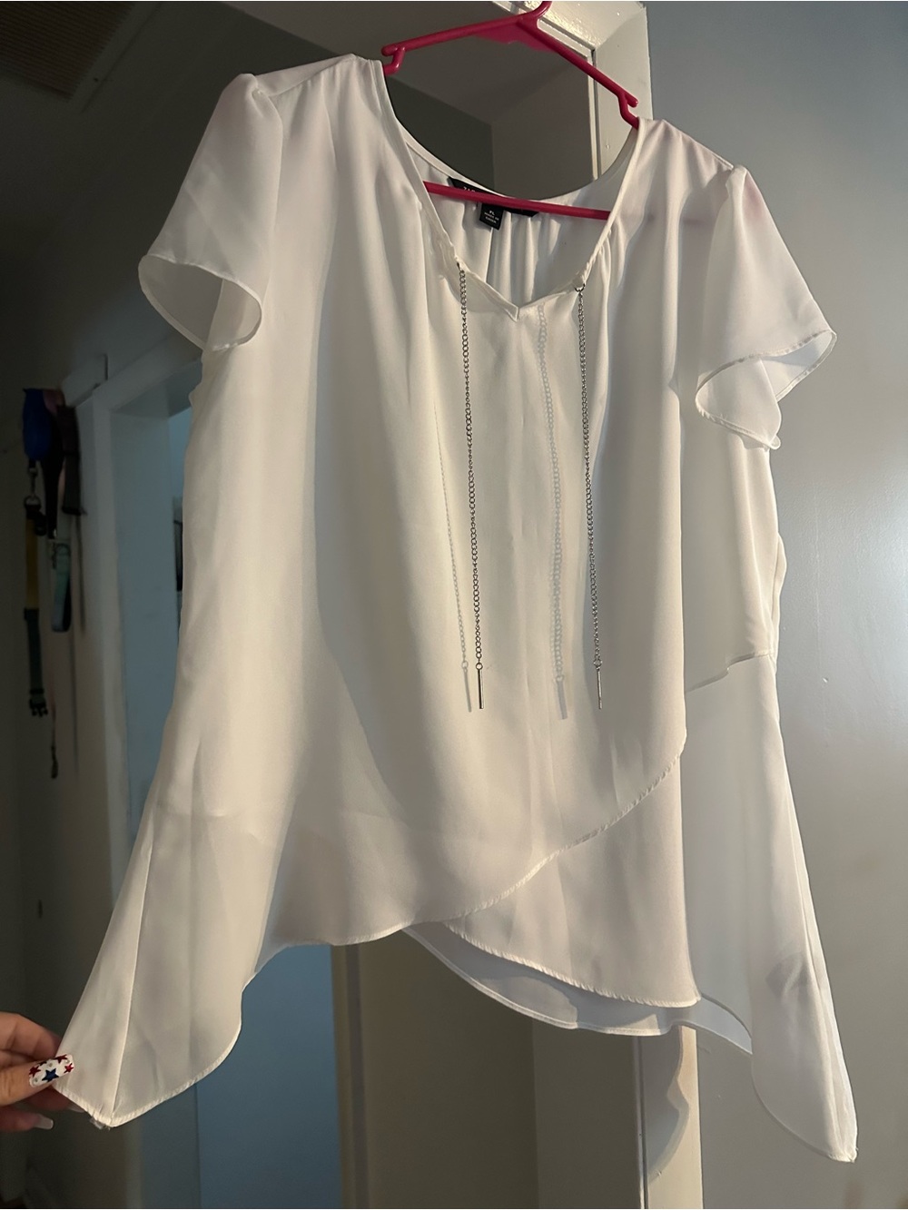 Lightweight White Layered Chiffon Women’s Blouse with metal hanging Drawstring